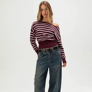 RSQ Burgundy & White Striped Off-Shoulder Sweater